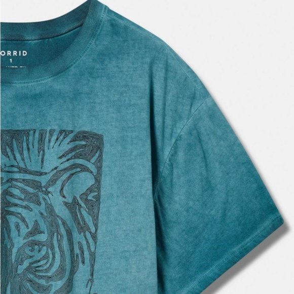 Torrid - Tiger Relaxed Fit Cotton Jersey Destructed Drop Shoulder Tunic in Teal - Picture 12 of 14